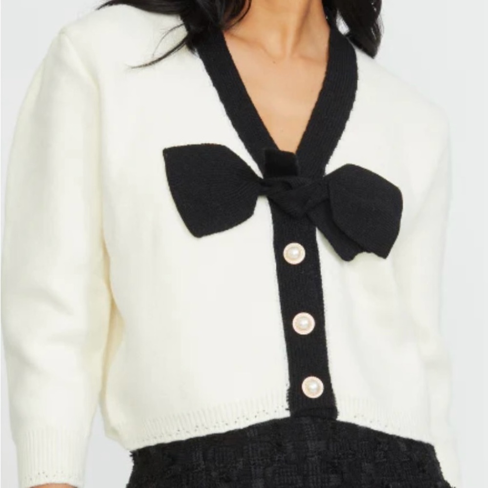 STELLAH - CONTRAST COLOR BOW CARDIGAN CREAM